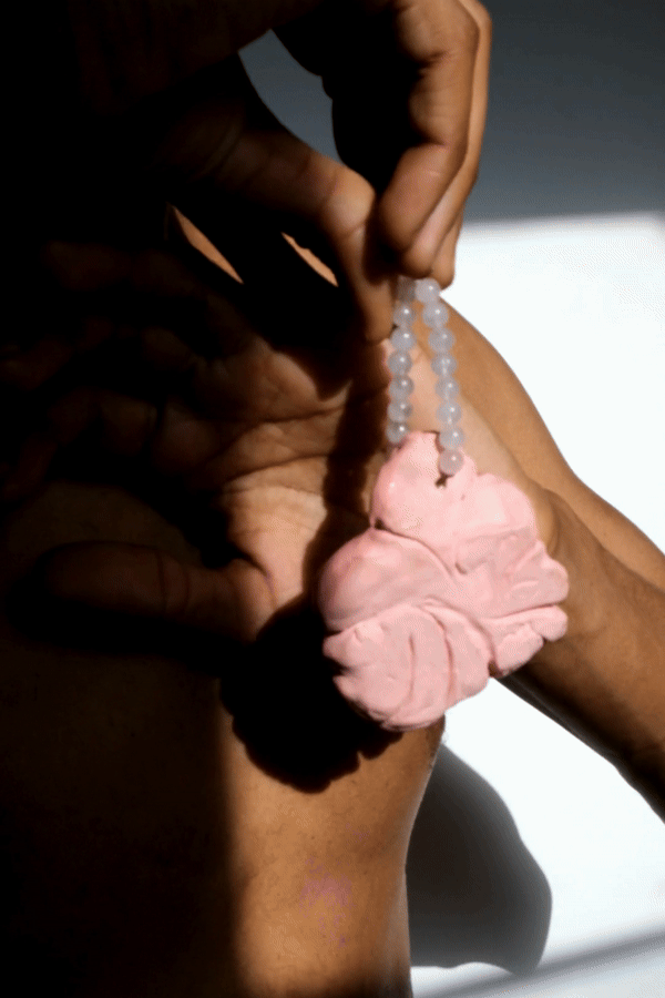 1/1 – Pink Palm Pendant with Gold Leaf on Rose Quartz Beaded Cord