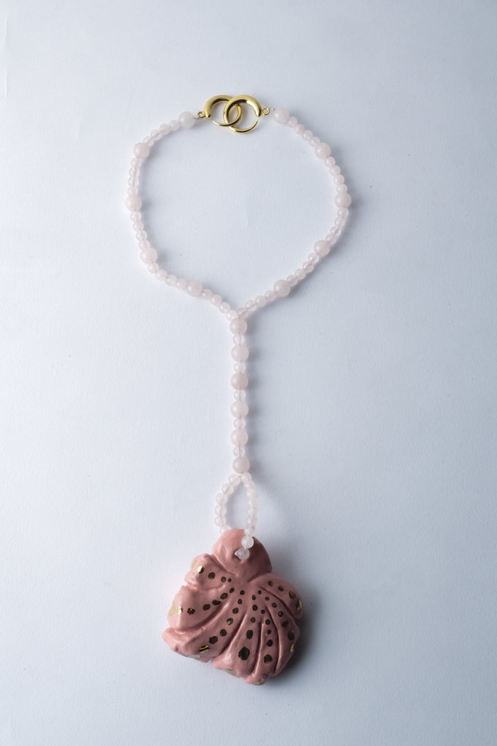 1/1 – Pink Palm Pendant with Gold Leaf on Rose Quartz Beaded Cord