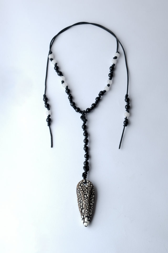 1/1 – Ceramic Spear Pendant with Crackle on Onyx and Quartz Beaded Cord