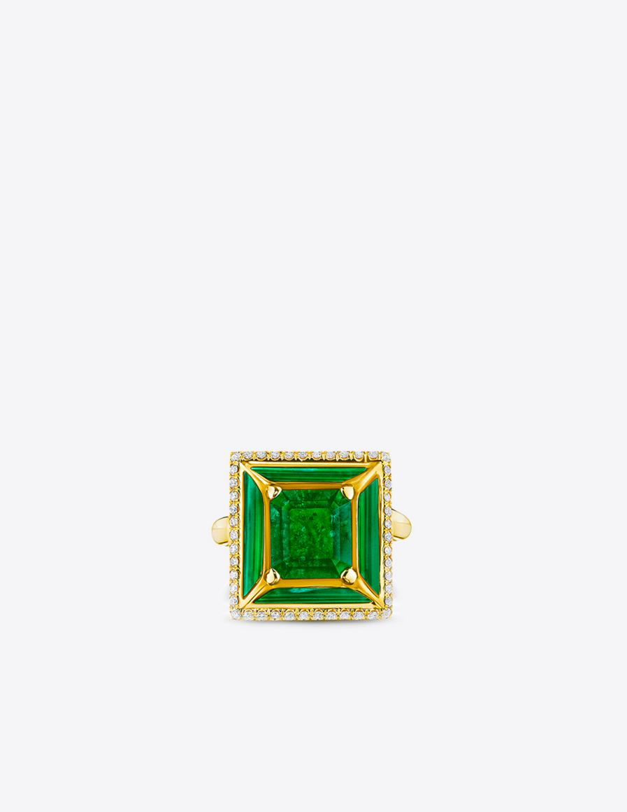 Pavilion Ring in 18K Gold with Emerald, Diamond Trim & Malachite Inlay