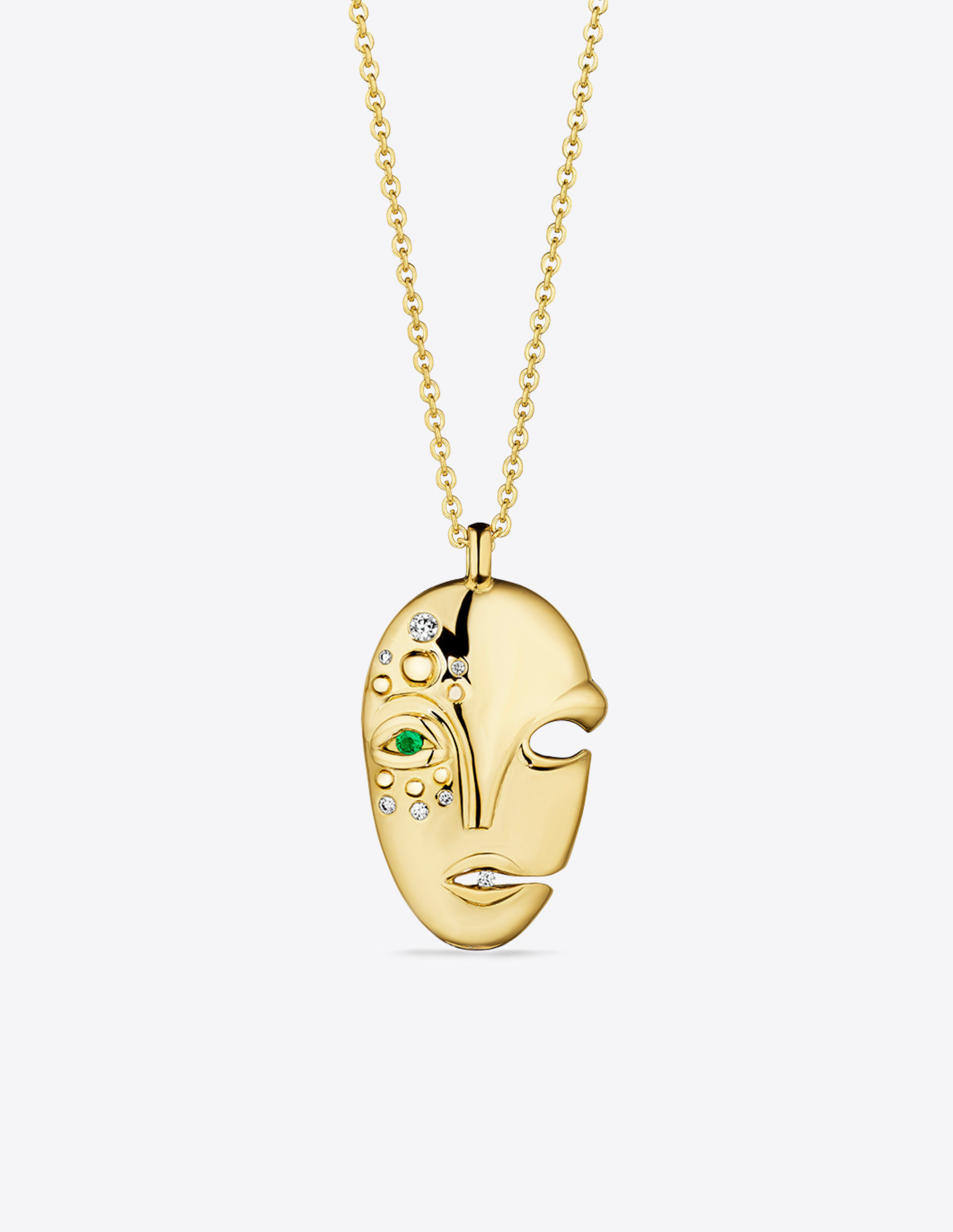 Mask Pendant in 18K Gold with Emerald & Diamonds