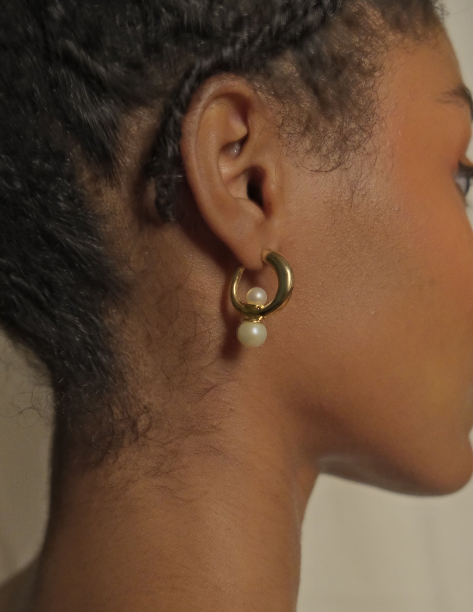 Tiny Isha Hoops in Polished Gold Vermeil with Double Pearl Drop
