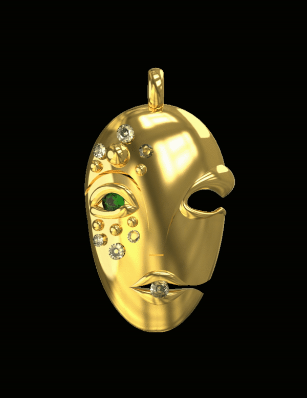 Mask Pendant in 18K Gold with Emerald & Diamonds
